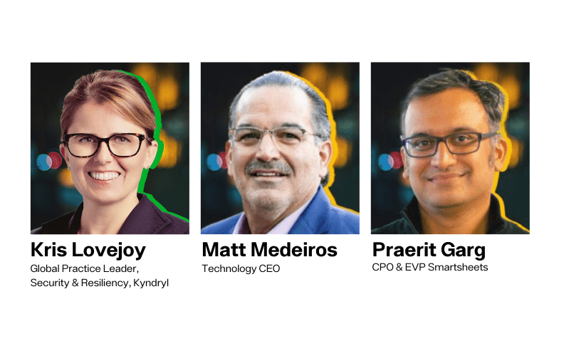 Three professional headshots are shown side by side: Kris Lovejoy, Matt Medeiros, and Praerit Garg, each labeled with their names and titles, on a blurred city lights background.