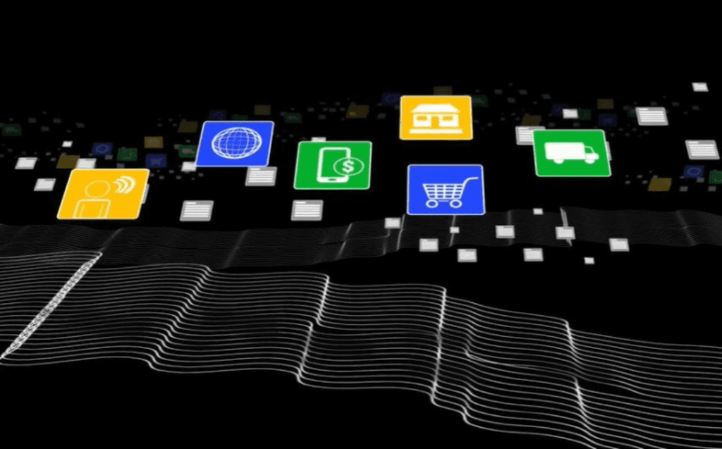 Colorful digital icons representing communication, internet, mobile banking, storefront, shopping cart, and delivery are displayed over a dark background with abstract white lines and small squares.