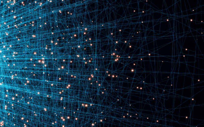 A network visualization of glowing blue lines and orange points on a black background, resembling interconnected nodes and pathways in a digital or neural network.