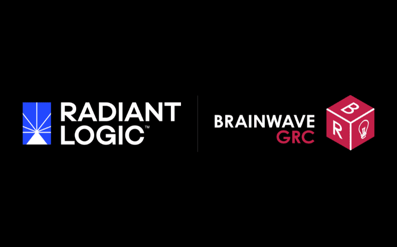 Logos on a black background: left, Radiant Logic in white next to a blue and white abstract icon; right, Brainwave GRC in white and pink next to a pink cube with a brain and B, R, G letters.