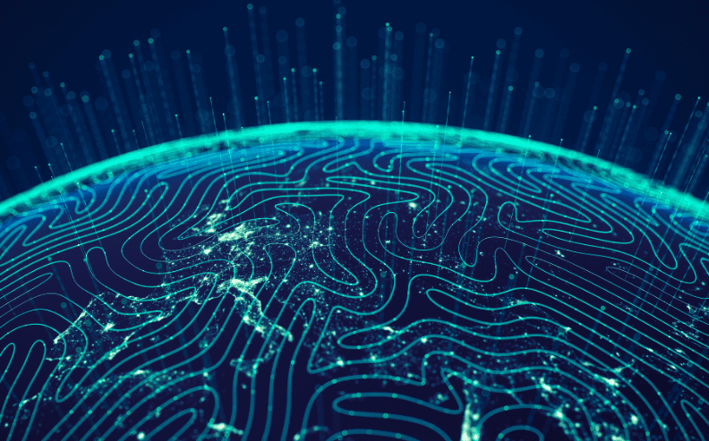 A glowing digital globe with neon blue circuit-like lines and bright nodes, representing connectivity and technology, set against a dark background with light streaks rising upwards.