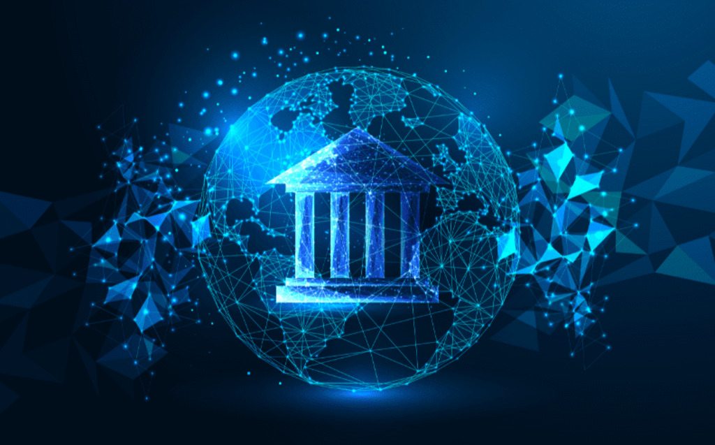 A glowing digital globe with network connections surrounds a stylized bank building icon, symbolizing global digital banking or financial technology on a dark blue background.