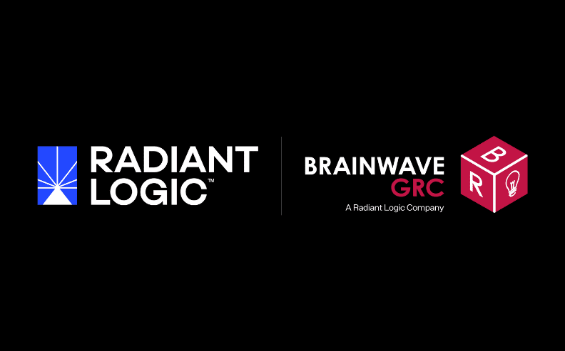 White Radiant Logic logo with a blue icon on the left, separated by a line from the Brainwave GRC logo with red cube icons and the text “A Radiant Logic Company” on a black background.
