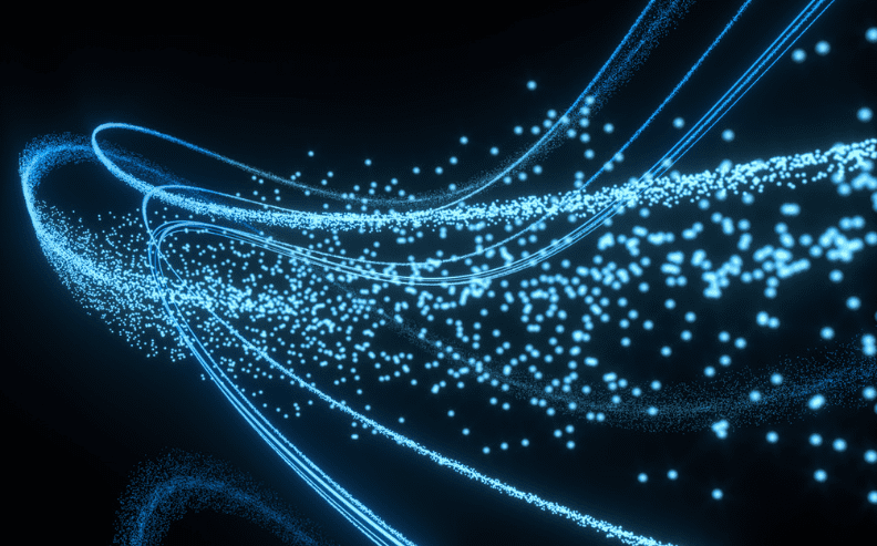 Blue glowing lines and particles swirl across a dark background, creating an abstract, dynamic, and futuristic light trail effect.