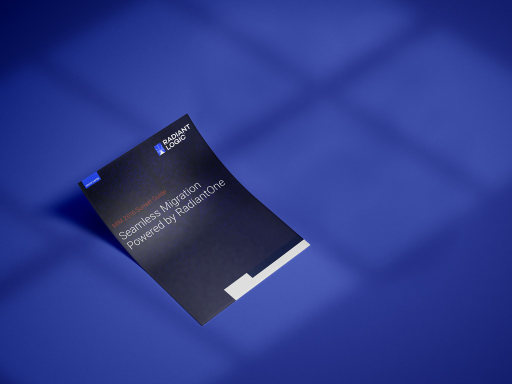 A black flyer titled “Seamless Migration Powered by RadiantOne” lies on a blue surface with shadows. The Radiant Logic logo is visible in the top left corner of the flyer.