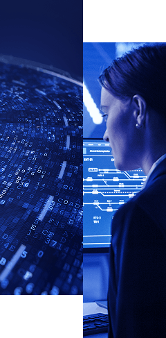 A split image showing digital code and data on the left, and a woman in a business suit working at a computer with digital interface graphics on the right, highlighting an identity data management solution in action.