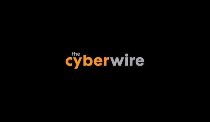 The image displays the logo for the cyberwire with cyber in orange and the and wire in gray, all on a black background.