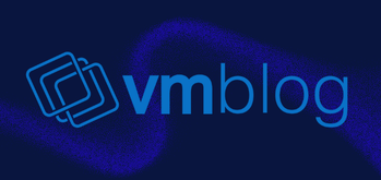 The image shows the vmblog logo in blue text on a dark blue background, with three overlapping square outlines to the left of the text and a wave-like dotted pattern behind it.