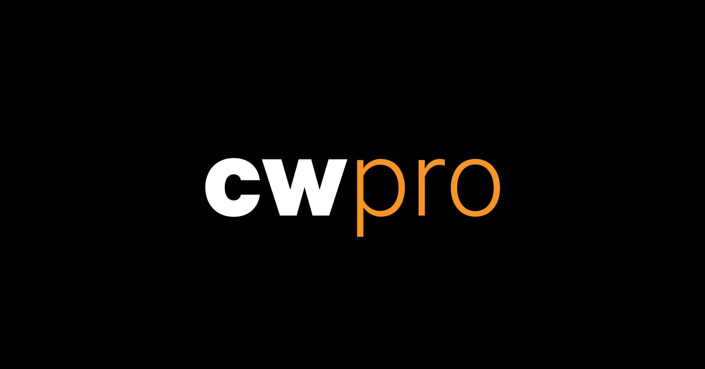 The image shows the text cwpro on a black background. The letters cw are in bold white font, while pro is in bold orange font.