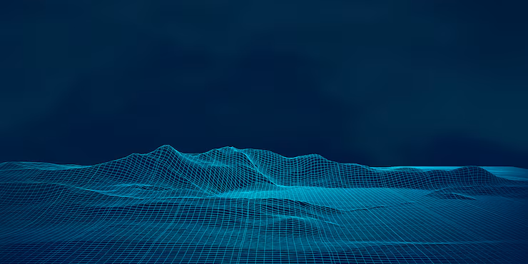 A digital landscape composed of blue grid lines forms peaks and valleys against a dark blue background, resembling a wireframe terrain or topographic map in a futuristic style—evoking the flow of data and identity access within virtual environments.