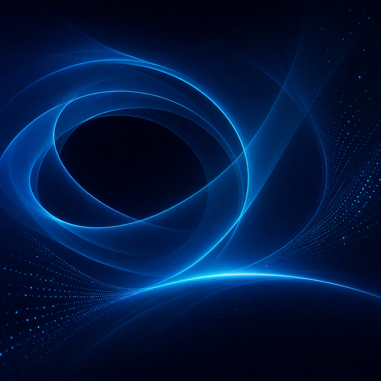 Abstract image with glowing blue swirling lines and dots on a dark background, creating a sense of motion and depth reminiscent of energy, waves, or a digital vortex—evoking the unseen complexities and risks associated with the cost of a data breach.