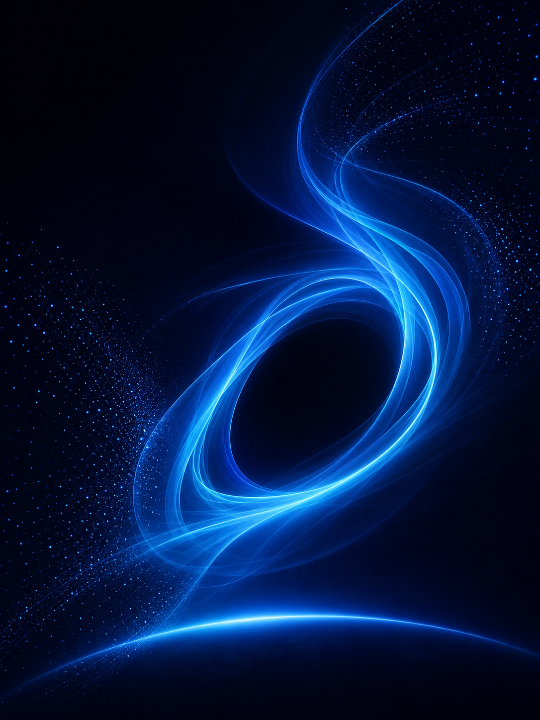 Bright blue swirling light forms a glowing ring with flowing trails, resembling the dynamic energy of agentic AI or a portal, against a dark background with scattered small dots and a faint curved horizon at the bottom.