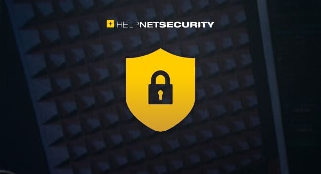 A yellow shield with a black padlock icon is centered on a dark background. Above the shield, the text HELP NET SECURITY is displayed in white and yellow letters.