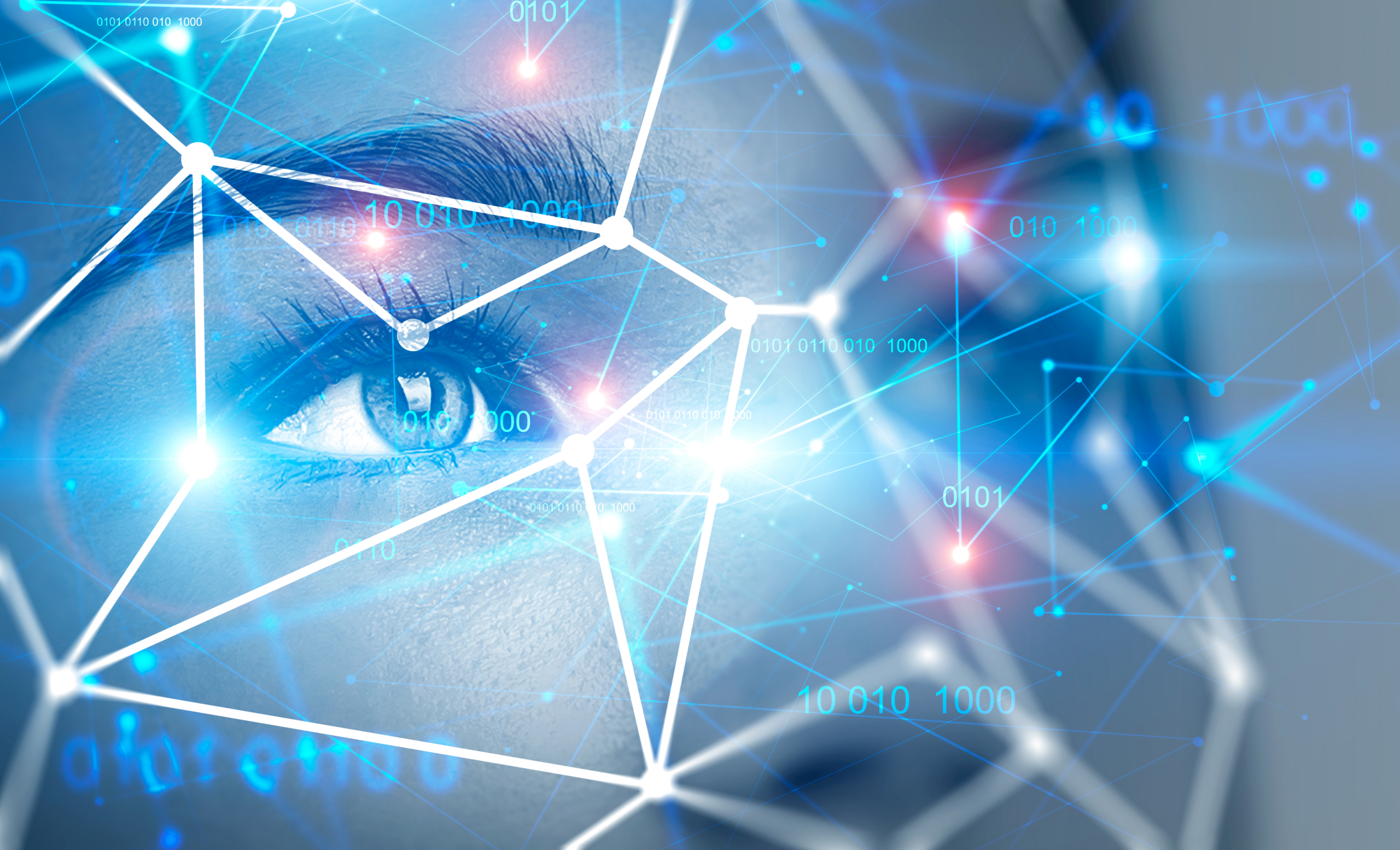 A close-up of a human eye overlaid with glowing digital lines, nodes, and binary code, symbolizing technology, artificial intelligence, and digital connections.