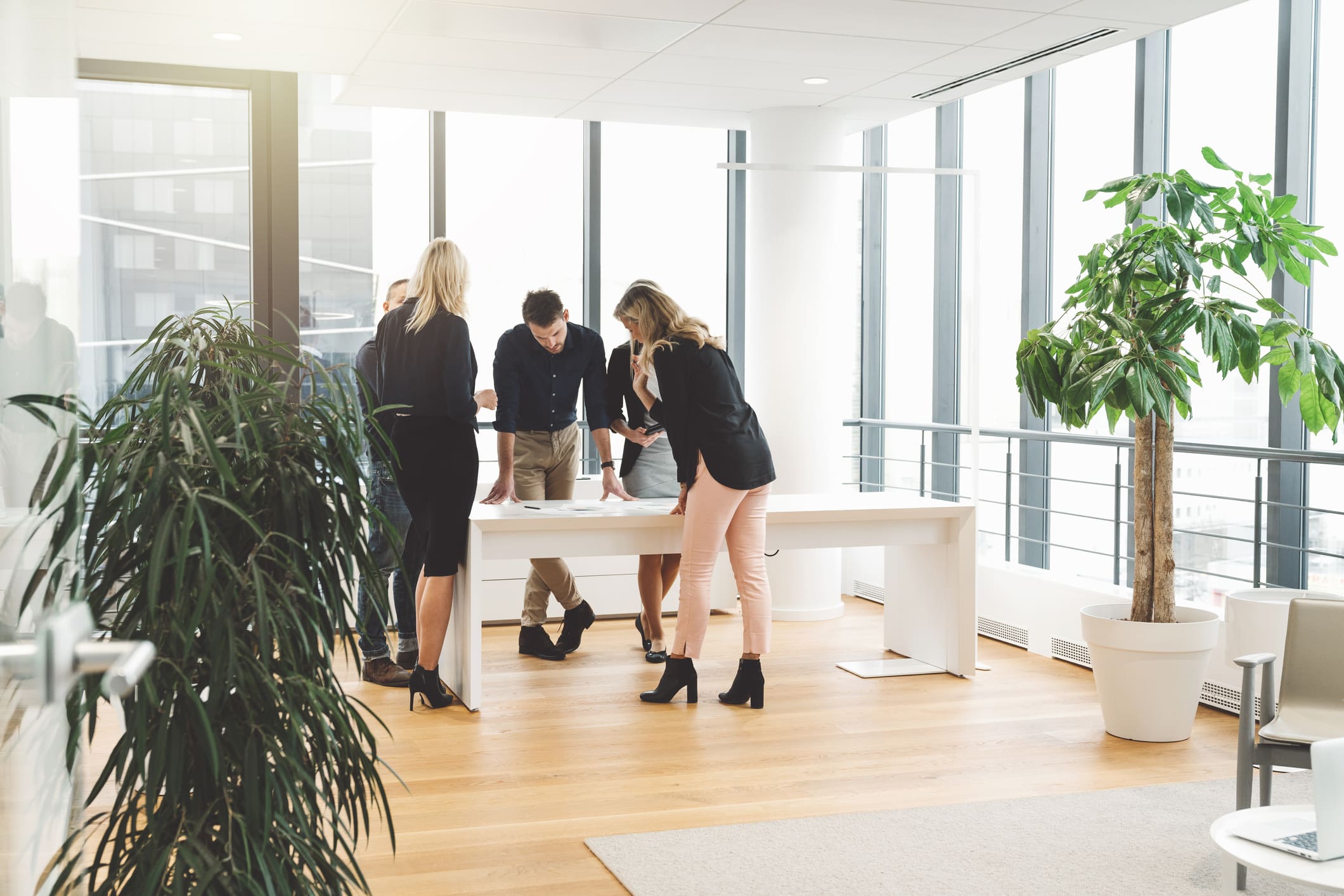 Five people stand around a white table in a modern, bright office with large windows and potted plants, appearing to discuss documents together.