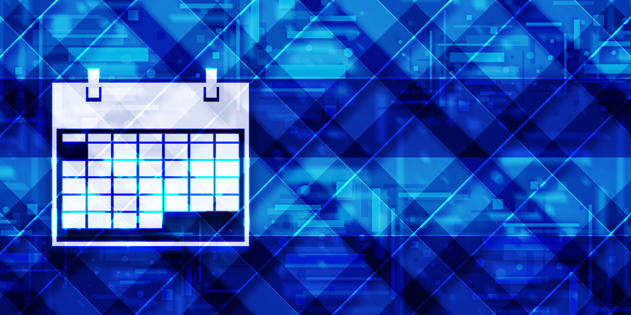 A white calendar icon with grid squares is displayed on the left, set against a blue, digital, geometric background with abstract lines, grids, and glowing effects.
