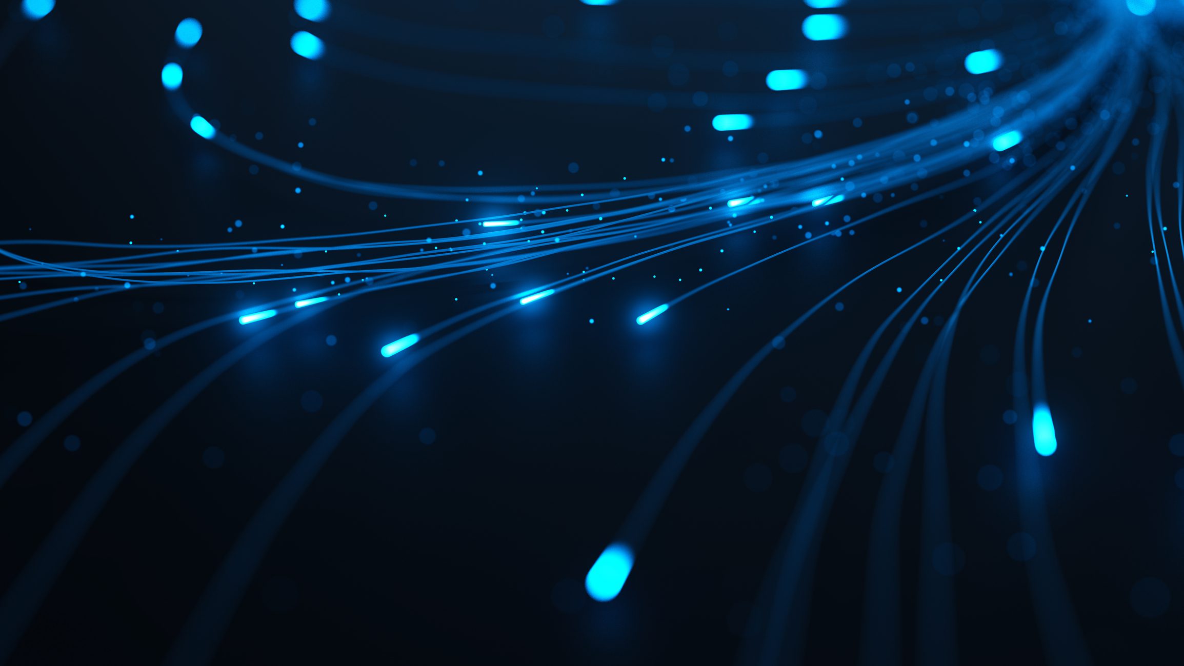 Blue glowing lines and dots resembling fiber optic cables curve and flow across a dark background, creating a sense of motion and digital connectivity.