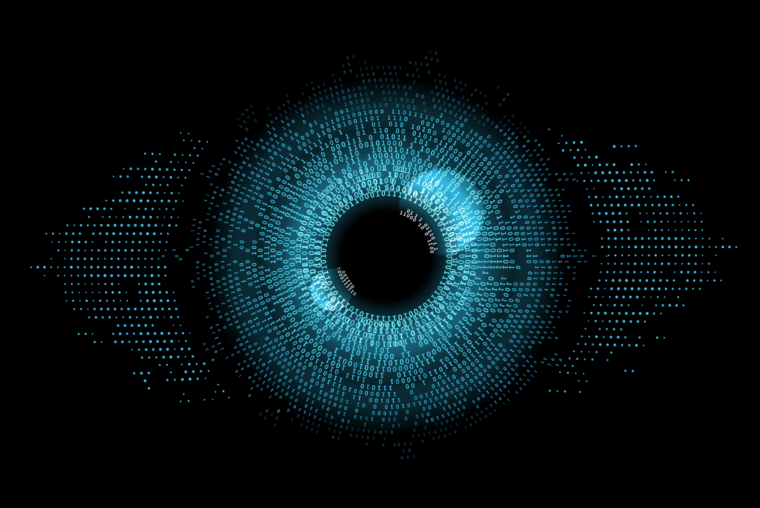 A digital illustration of an eye, with the iris made up of glowing blue binary code and pixelated dots radiating outward, representing technology, data, and digital vision, on a black background.