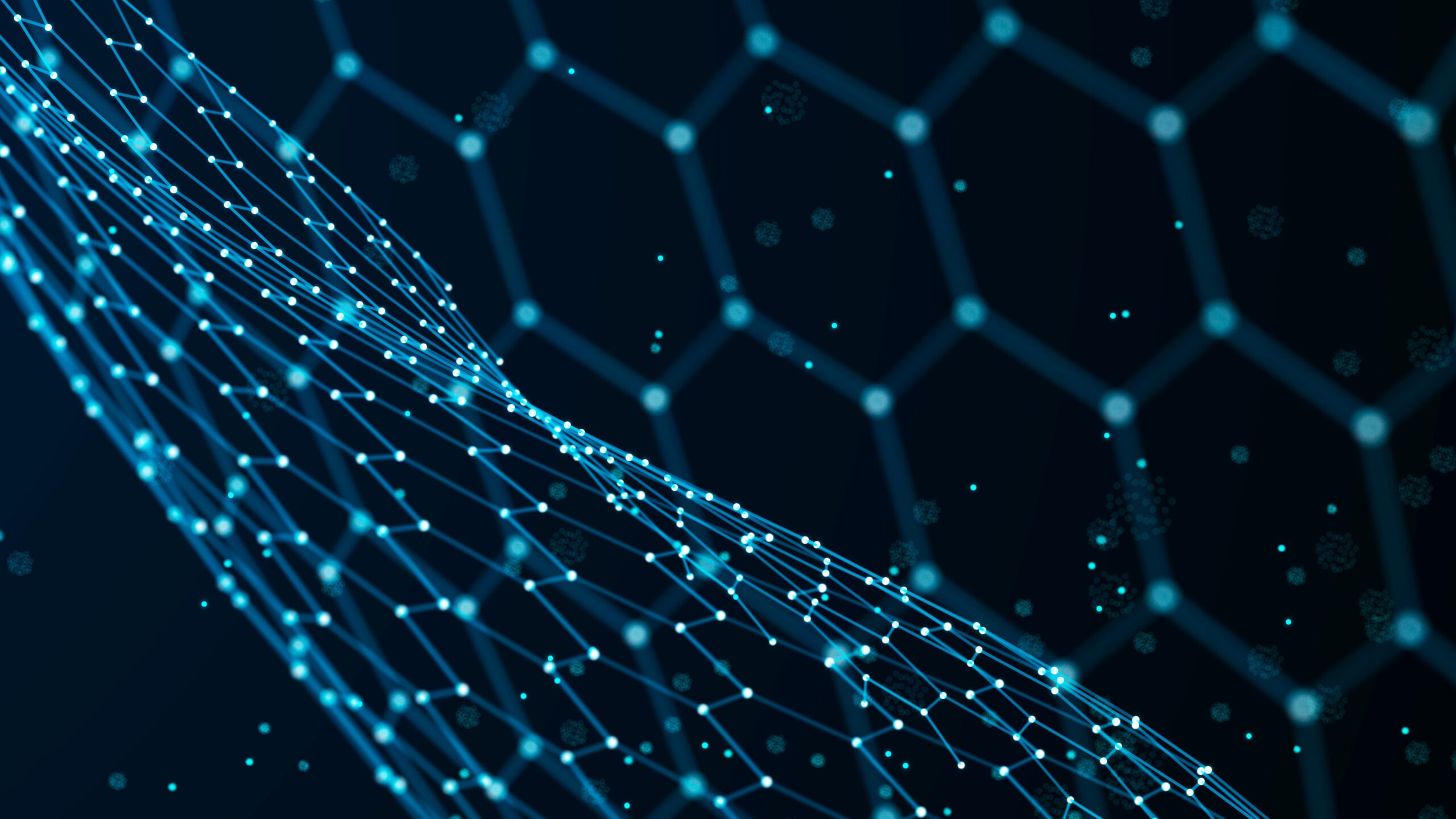 A digital illustration of a glowing blue mesh network with interconnected nodes, overlaid on a dark background with a hexagonal grid pattern, evokes advanced technology and data connections—perfect for highlighting Radiant Logic News.