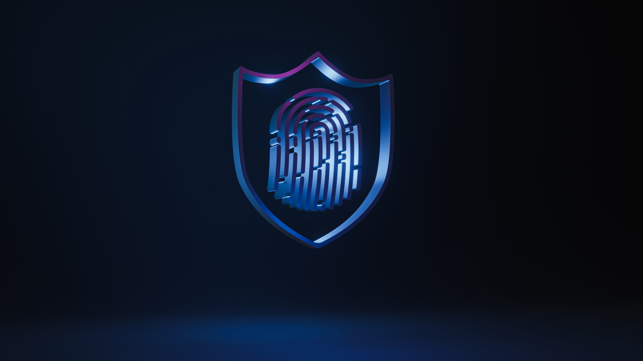 A 3D shield icon with a stylized fingerprint design in the center, rendered in blue and purple tones, set against a dark background.