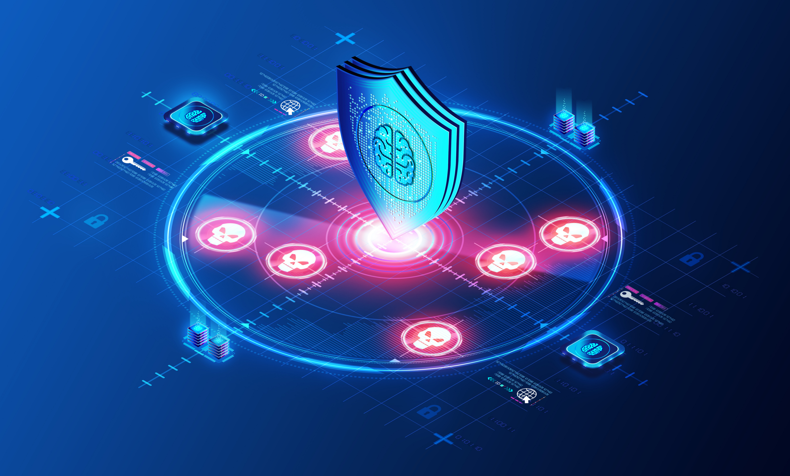 A digital illustration shows a glowing shield with a brain icon at its center, protecting against surrounding red skull symbols, representing cybersecurity and artificial intelligence defense against cyber threats.