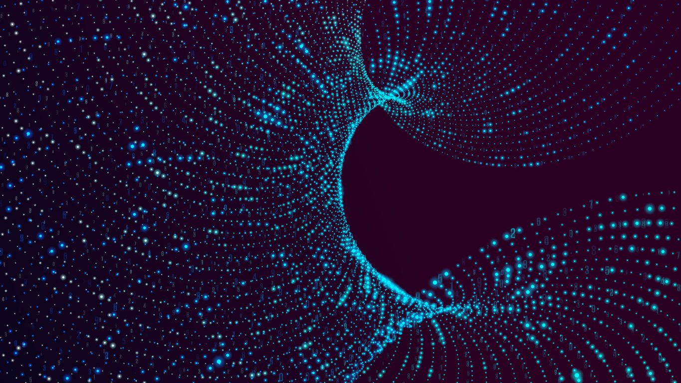 Abstract digital art showing swirling blue dots forming a dynamic, wave-like pattern on a dark purple background, creating the illusion of motion and depth with a central empty space.