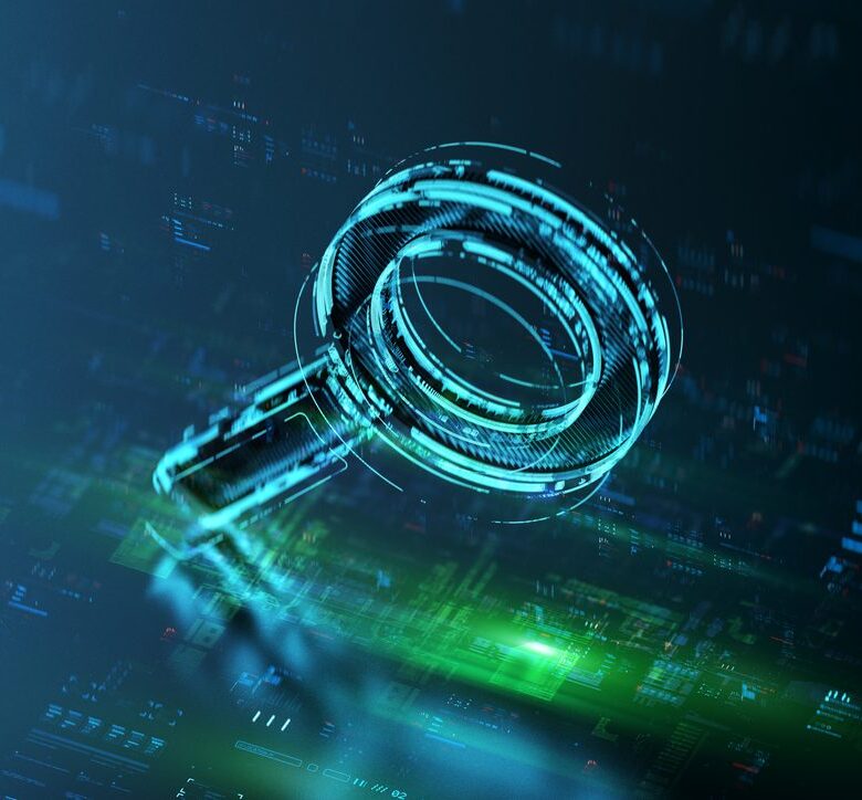 iStock-1752211309-e1748988393916 A glowing, digital magnifying glass icon hovers over a dark background filled with abstract data and code, symbolizing search or analysis in a high-tech or cybersecurity context.