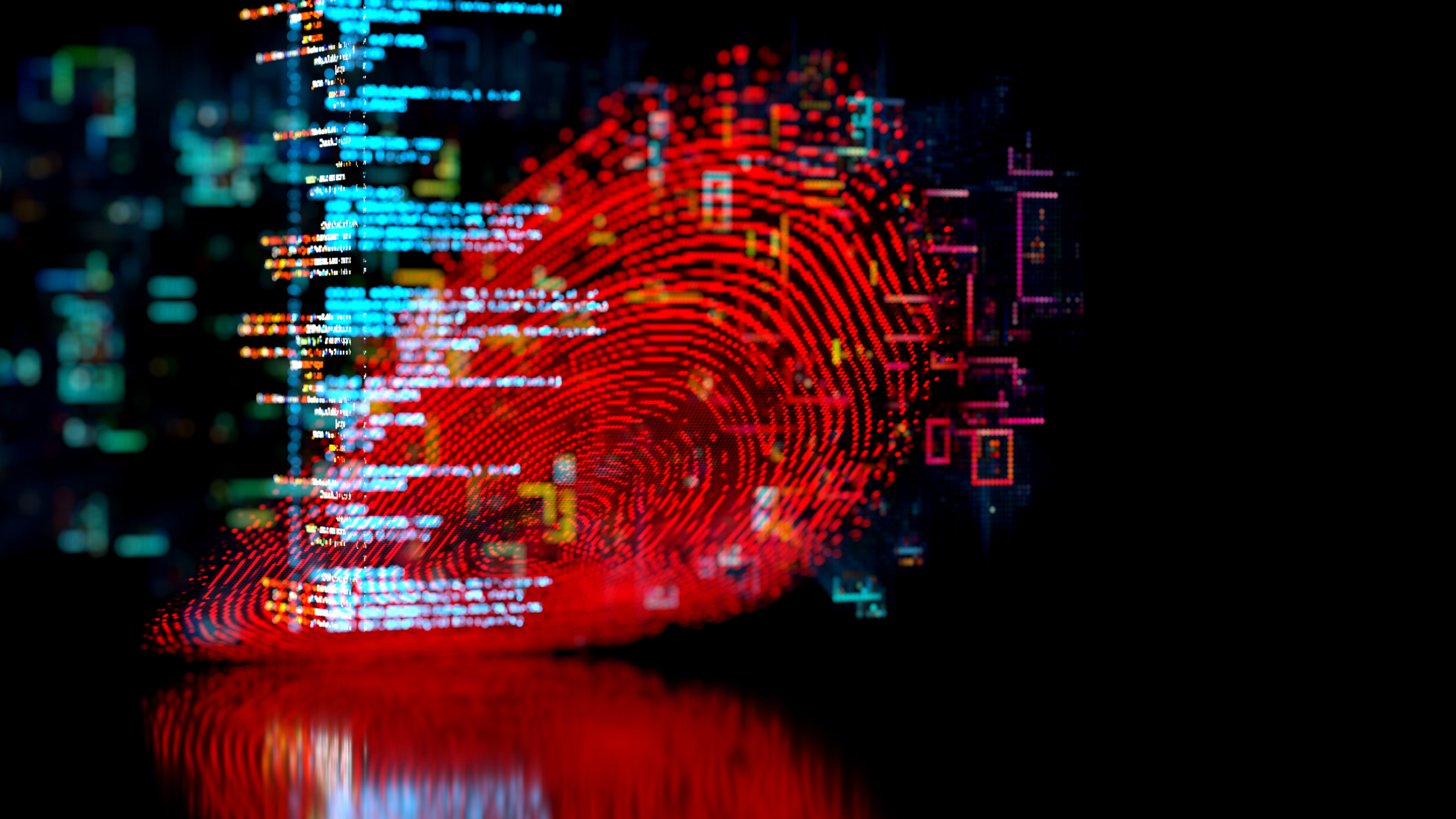 A digital fingerprint in red is overlaid with colorful lines of computer code on a black background, symbolizing cybersecurity, data protection, or digital identity.