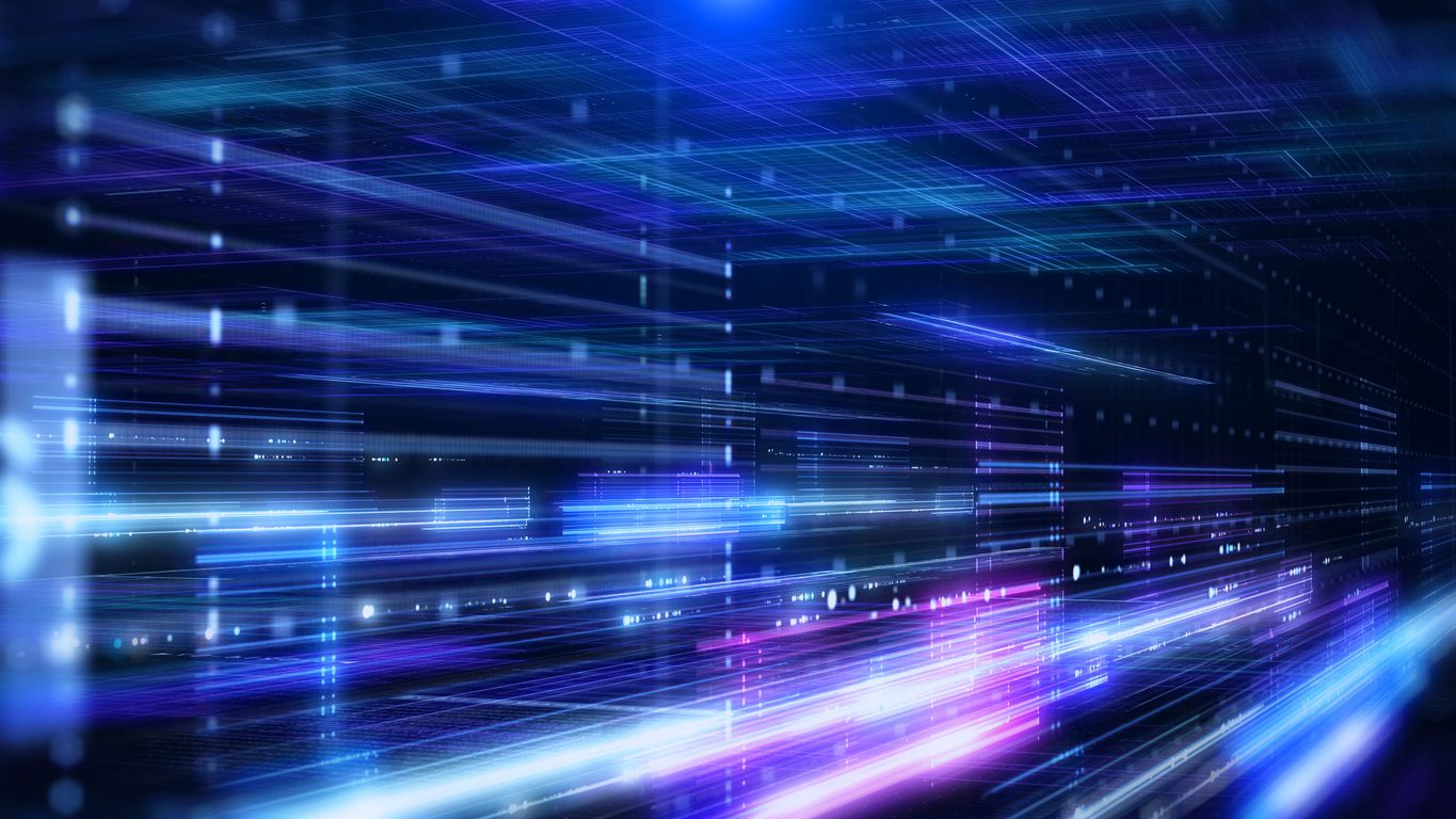 Abstract digital background with neon blue and purple glowing lines and light streaks, creating a futuristic, high-tech, and dynamic sense of motion across a dark space.