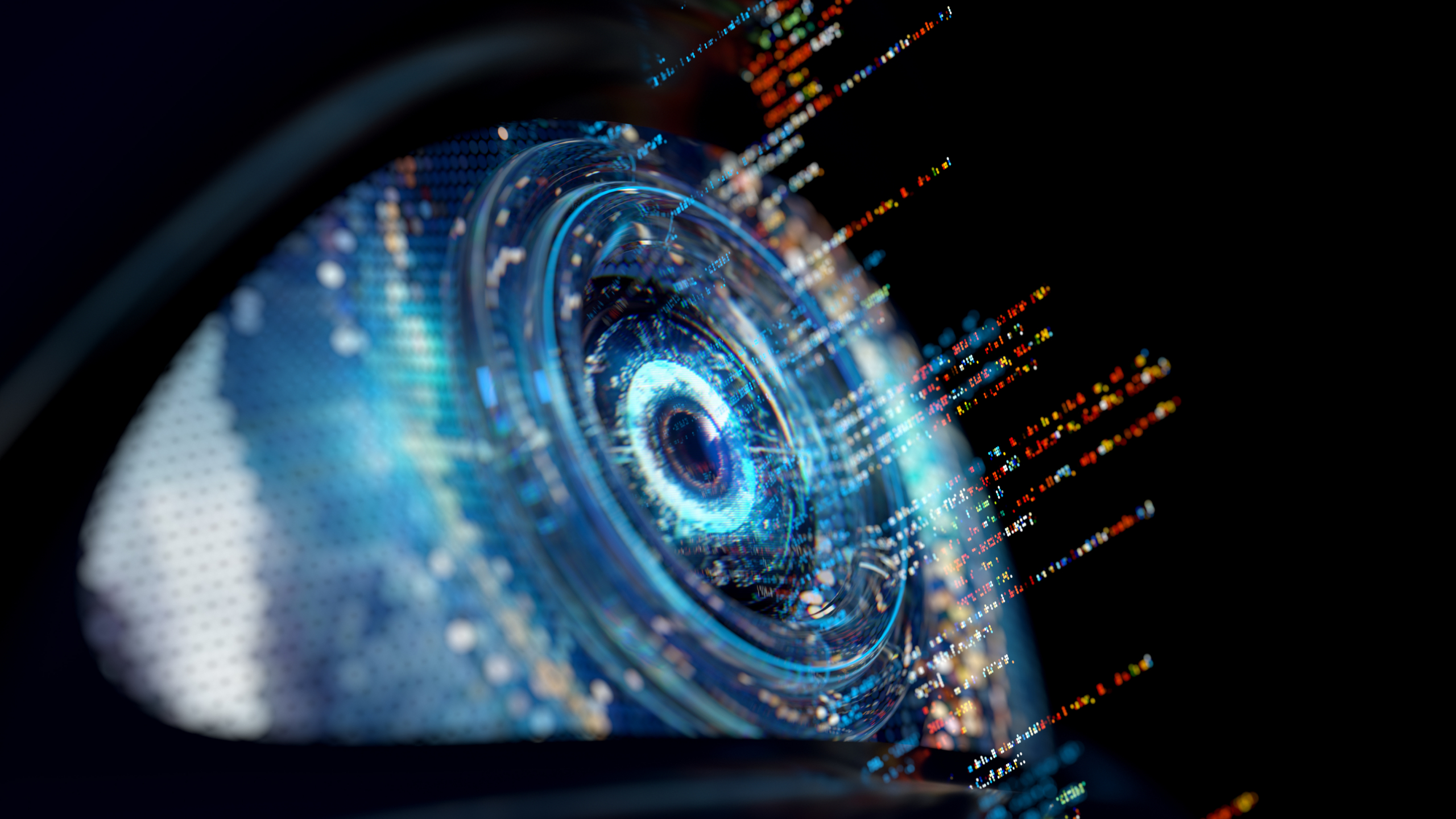 A close-up of a digital, futuristic eye with glowing blue elements and colorful code or data streams emerging from the iris, representing advanced technology or artificial intelligence.