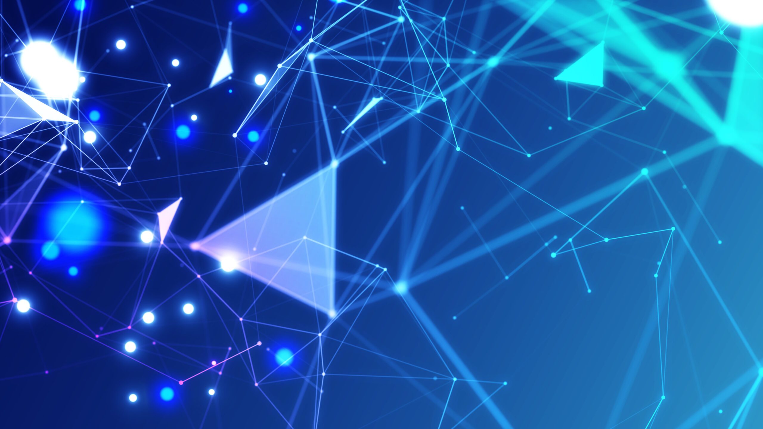 Abstract digital background with glowing blue and white triangles, lines, and dots connected in a network pattern on a dark blue gradient backdrop, representing technology or data connectivity.