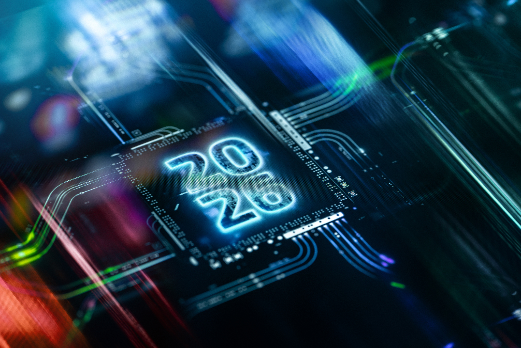 A glowing microchip with the numbers 2026 is surrounded by illuminated circuitry, symbolizing future technology and digital advancements.