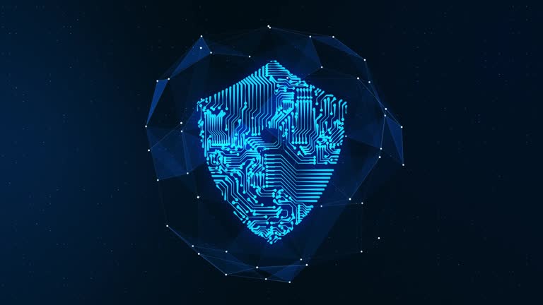 A blue, glowing shield made of circuit board patterns on a dark blue background with a network of dots and lines around it.