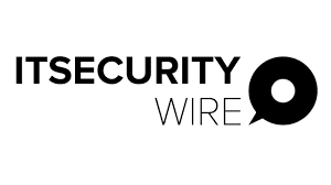 Logo for ITSecurity Wire. The text ITSECURITY is in bold black font above the word WIRE in thin black letters, next to a speech bubble graphic with a white circle in the center.