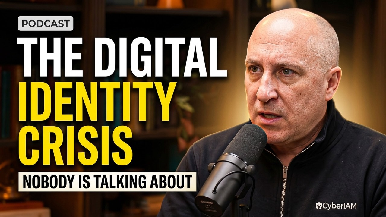 A person speaks into a microphone during a podcast. Text reads: PODCAST: THE DIGITAL IDENTITY CRISIS NOBODY IS TALKING ABOUT. The person wears a dark jacket with CyberIAM on it, discussing the rise of agentic AI and its impact on digital identities.