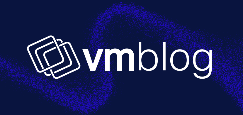 White text reads “vmblog” with three overlapping square outlines to the left, set against a dark blue background with a purple, textured curved streak.