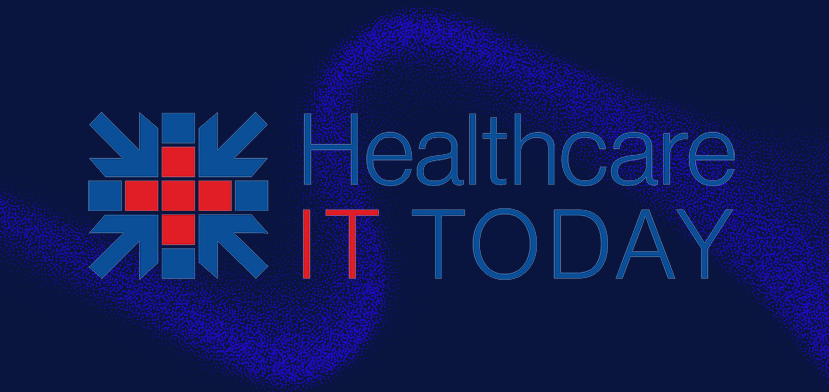 Logo with a blue and red geometric medical cross on the left and the words Healthcare IT TODAY in blue and red text on a dark blue background with a lighter blue abstract pattern.