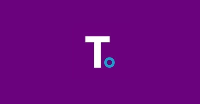 White capital letter T and a small blue circle with a black outline, arranged to resemble the word To, centered on a solid purple background.