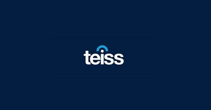 White text reading “teiss” is centered on a dark blue background. A light blue arc with a small blue circle below it appears above the i in the word.