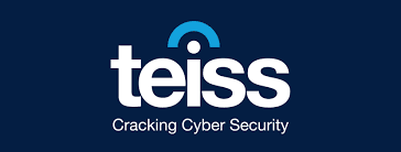 White text on a dark blue background reads teiss with a blue arc above the i. Below, smaller white text says Cracking Cyber Security.