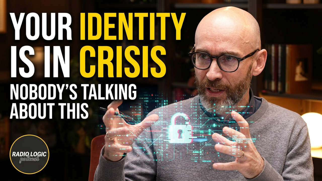 A bald man with glasses gestures while speaking. Text reads, Your identity is in crisis. Nobodys talking about this. A digital lock graphic and Radio Logic logo are also visible.