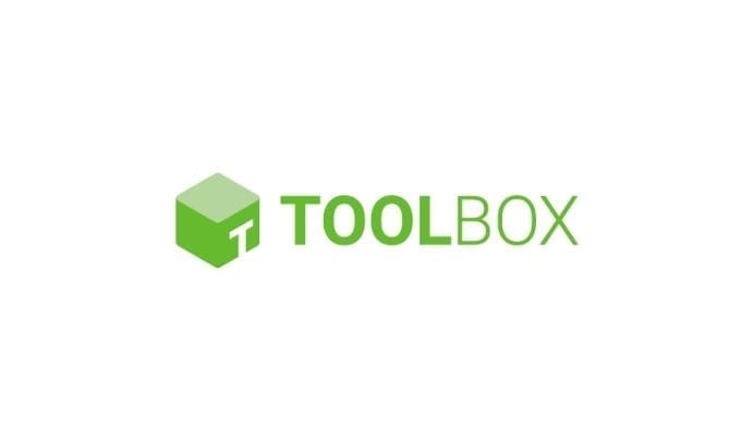 A green cube with a white letter T next to the word TOOLBOX written in green capital letters on a white background.
