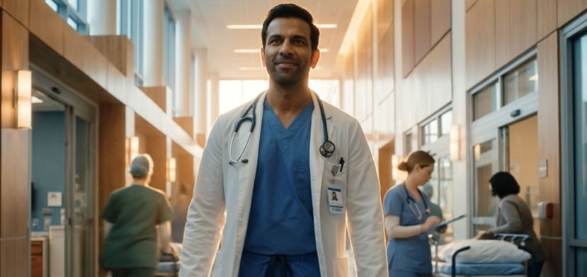 A confident doctor in blue scrubs and a white coat walks down a hospital hallway, with a stethoscope around his neck, as medical staff work in the background.