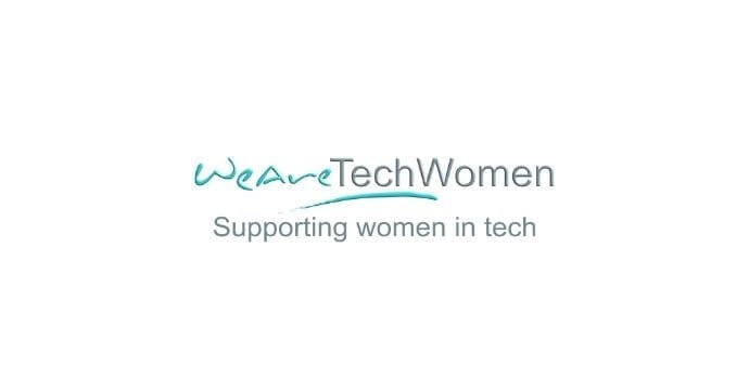Logo with the text WeAreTechWomen and the tagline Supporting women in tech underneath, on a white background.