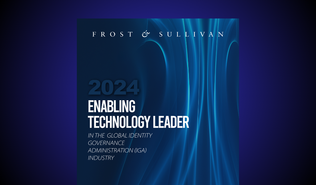 A Frost & Sullivan award graphic with abstract blue lines, featuring the text: 2024 Enabling Technology Leader in the Global Identity Governance Administration (IGA) Industry.